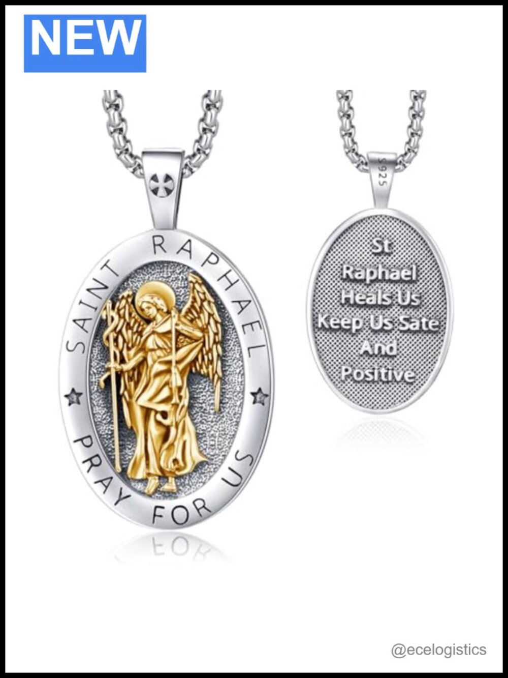 925 Sterling Silver St Raphael Archangel Medal Necklace 22in Unisex